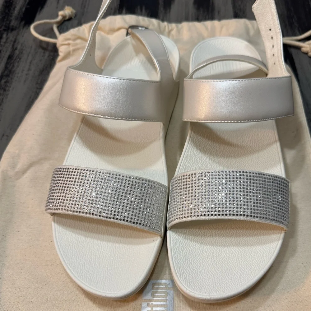 FitFlop Lulu Crystal Embellished Back-Strap Sandals in Crème Size 10 - Picture 2 of 11
